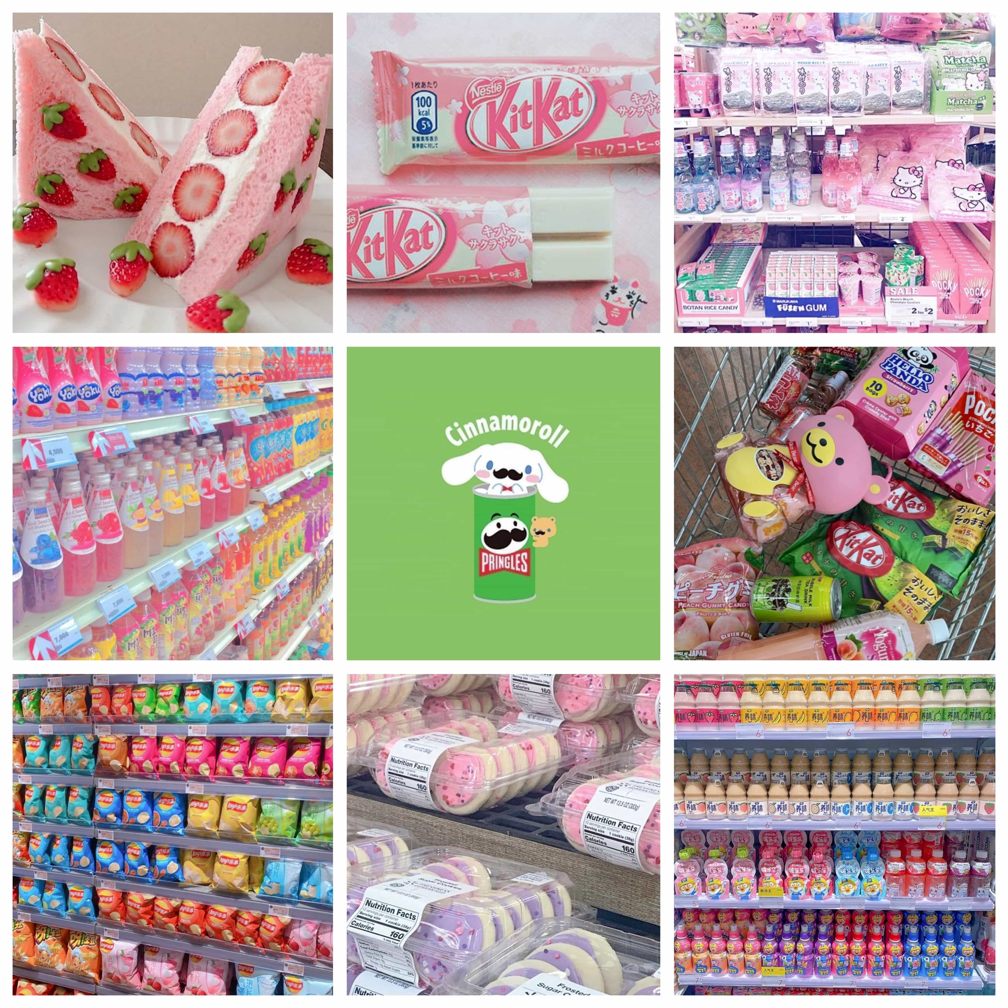 3x3 moodboard: strawberry cream sandwiches with pink bread; white chocolate kitkats with sakura packaging; shelves with kawaii snacks and ramune; shelves of rainbow-colored bottled drinks; cinnamoroll pringles on lime green background; shopping basket of pink and green kawaii snacks; shelves of neon-colored lays chips; pastel pink and purple grocery store sugar cookies; shelves of rainbow-colored milks and kids drinks